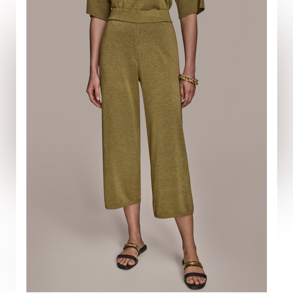 Donna Karan Cropped Metallic Knot Pull-On Pants. Medium. Smoke Olive/Golden. NWT
